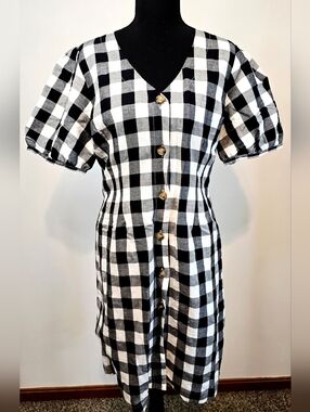 LOFT Black White Gingham Dress NWT Size 8 Linen Blend Cottagecore Button Front